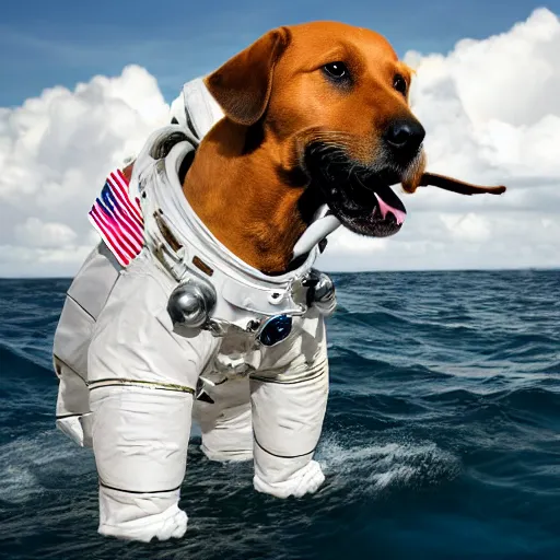 Prompt: a dog taking a dump wearing an astronaut helmet, in the middle of the ocean