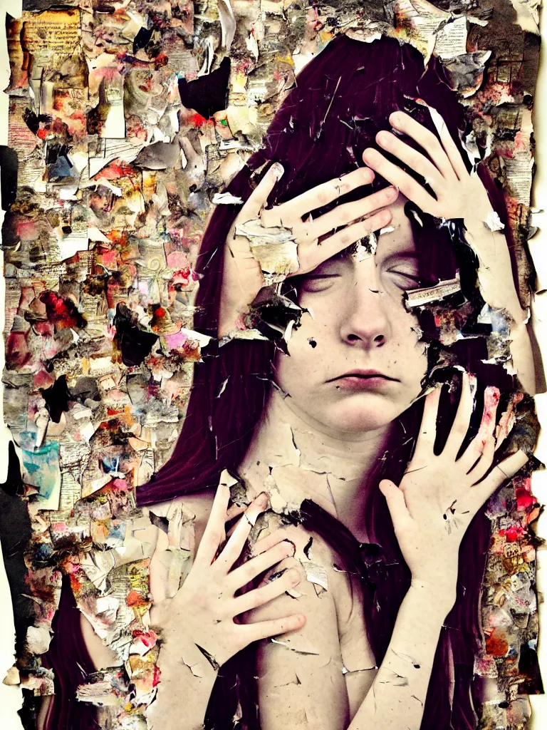 Image similar to a young adult angelgirl soft crying with lots of hands on her face and ratty feathered angel wings, stressed and burnt out, collage effect, collaged, torn paper, torn paper collage, overexposure, overexposed, high exposure