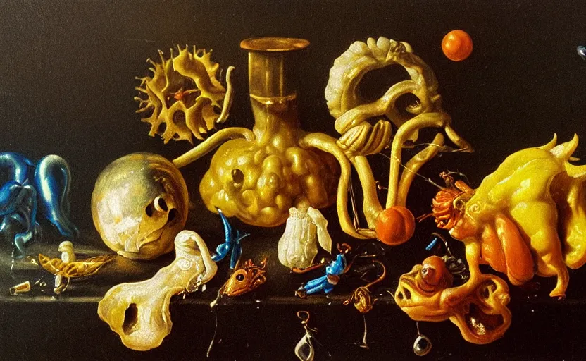 Prompt: disturbing colorful oil painting dutch golden age vanitas still life with bizarre objects strange gooey surfaces wet shiny metal bizarre insects rachel ruysch dali todd schorr very detailed perfect composition rule of thirds masterpiece canon 5 0 mm, cinematic lighting, photography, retro, film, kodachrome