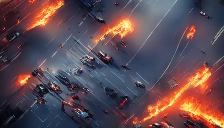 Image similar to falling highways with burning cars, movie scene, spectacular, hyperdetailed, artstation, cgsociety, 8 k