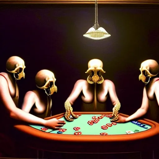 Prompt: hyperrealism simulation highly detailed human octopuses'wearing transparent jackets, playing poker in surreal scene from art house movie from future by caravaggio
