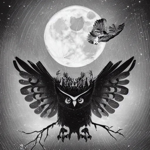 Image similar to huge owl with outstretched wings flapping flying hunting at night through fog talons reaching for prey striking killing a rabbit in the forest lit by the full moon fog moving through feathers