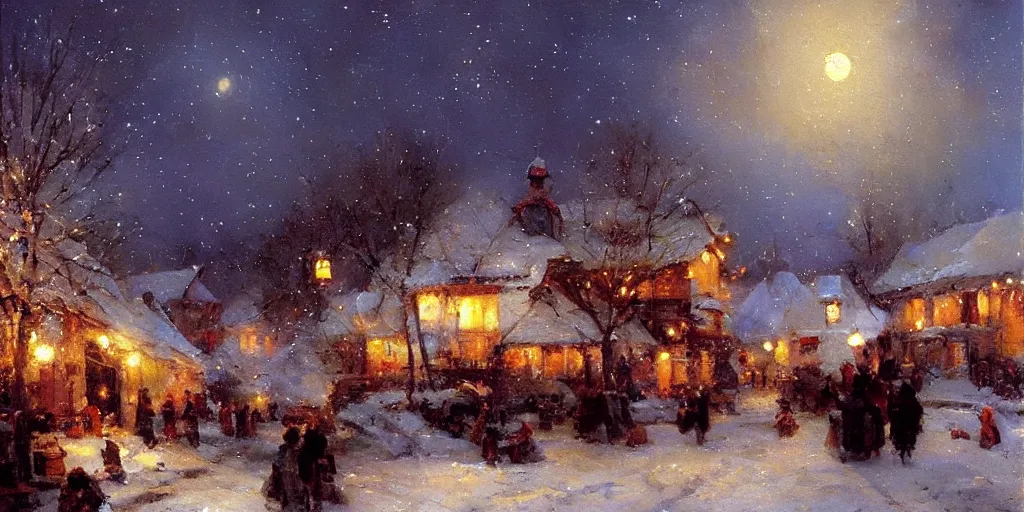 Image similar to a scene of a small eastern european village at night, stars, moon, wintertime, painting by daniel f. gerhartz