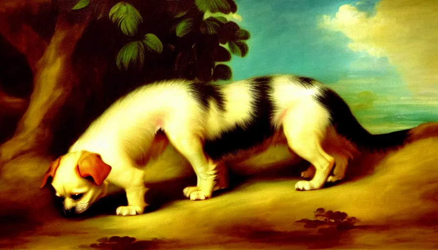 Image similar to a tropical dog dog kitten dog in the style of francisco goya, 4 k resolution, tropical background, tropical