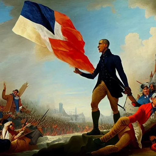 Prompt: Barack Obama leads the French Revolution (1789), oil on canvas, 1882. Epic, grandiose, scale