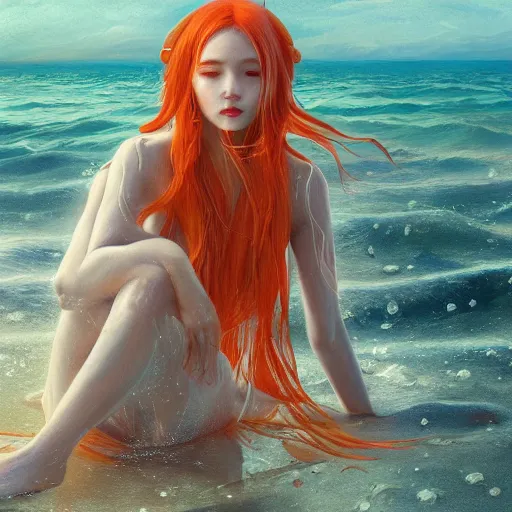 Image similar to breathtakingly detailed concept art painting portrait of goddess sinking into the sea, carrot colored hair, orthodox saint, full body, gorgeous background, created by hsiao - ron cheng, very moody lighting, 8 k