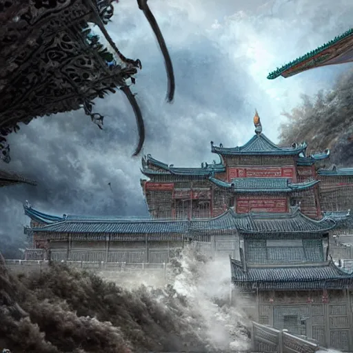 Image similar to dynamic composition, motion, ultra-detailed, incredibly detailed, a lot of details, amazing fine details and brush strokes, colorful and grayish palette, smooth, HD semirealistic anime CG concept art digital painting, watercolor oil painting of epic castle gate, from Three Kingdoms, by a Chinese artist at ArtStation, by Huang Guangjian, Fenghua Zhong, Ruan Jia, Xin Jin and Wei Chang. Realistic artwork of a Chinese videogame, gradients, gentle an harmonic grayish colors.