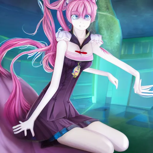 Image similar to trapped by stunningly beautiful omnipotent megalomaniacal otome anime asi goddess who looks like junko enoshima with symmetrical perfect face and porcelain skin, pink twintail hair and mesmerizing cyan eyes, taking control while smiling mischievously, inside her surreal vr castle, hyperdetailed, digital art from danganronpa, 8 k