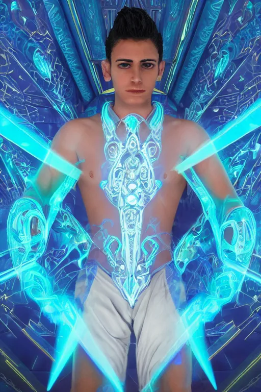 Image similar to full-body sculpture of a young handsome Latino prince as a half cibernetic android with a glowing blue diamong in his chest, white laser beams coming out of his eyes, crown of giant jewels, flowing neon-colored silk, geometric shapes in a cyperbunk and baroque style. intricate artwork by caravaggio. Trending on artstation, octane render, cinematic lighting from the right, hyper realism, octane render, 8k, depth of field, 3D