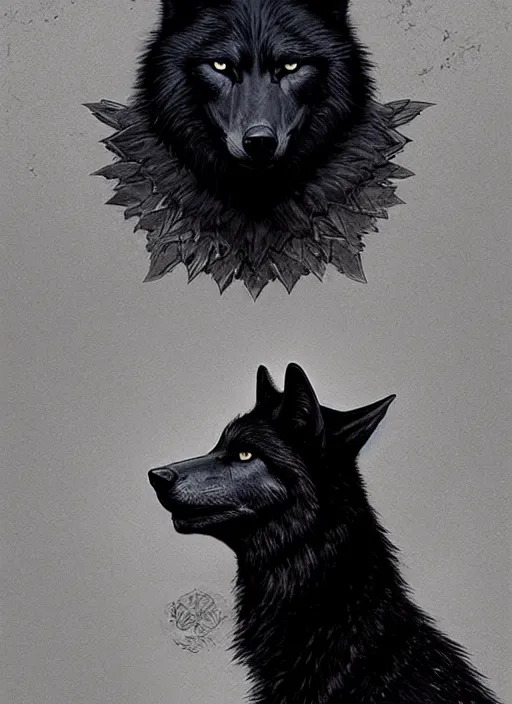 Image similar to a black wolf sitting looking forward, art nouveau, D&D, fantasy, elegant, highly detailed, digital painting, artstation, concept art, matte, sharp focus, illustration, art by Artgerm and Greg Rutkowski and WLOP