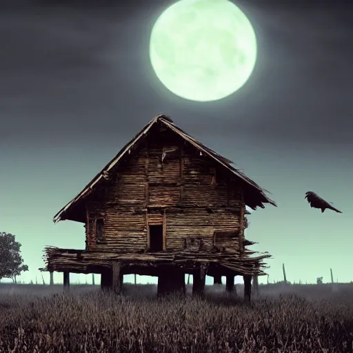Prompt: an old wooden house standing on giant chicken legs. dark forest of dead trees. night. moonlight. mystery. thrill. photorealistic. hyper detailed. cinematic. epic composition