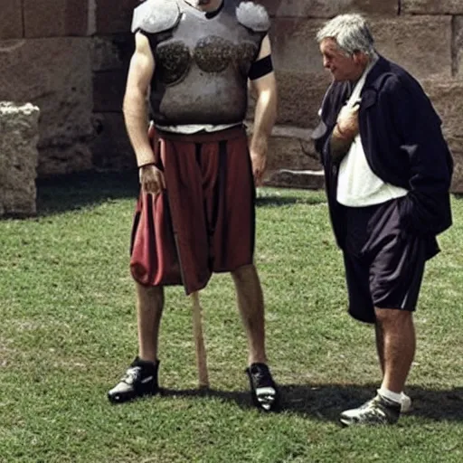 Prompt: Coach Belichick in ancient Rome trying to teach centurions how to play football