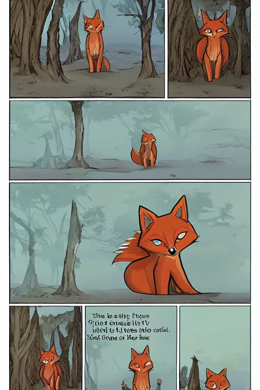Prompt: a graphic novel comic about anthropomorphic foxes in a fantasy world, by mike holmes, webcomic, cartoon