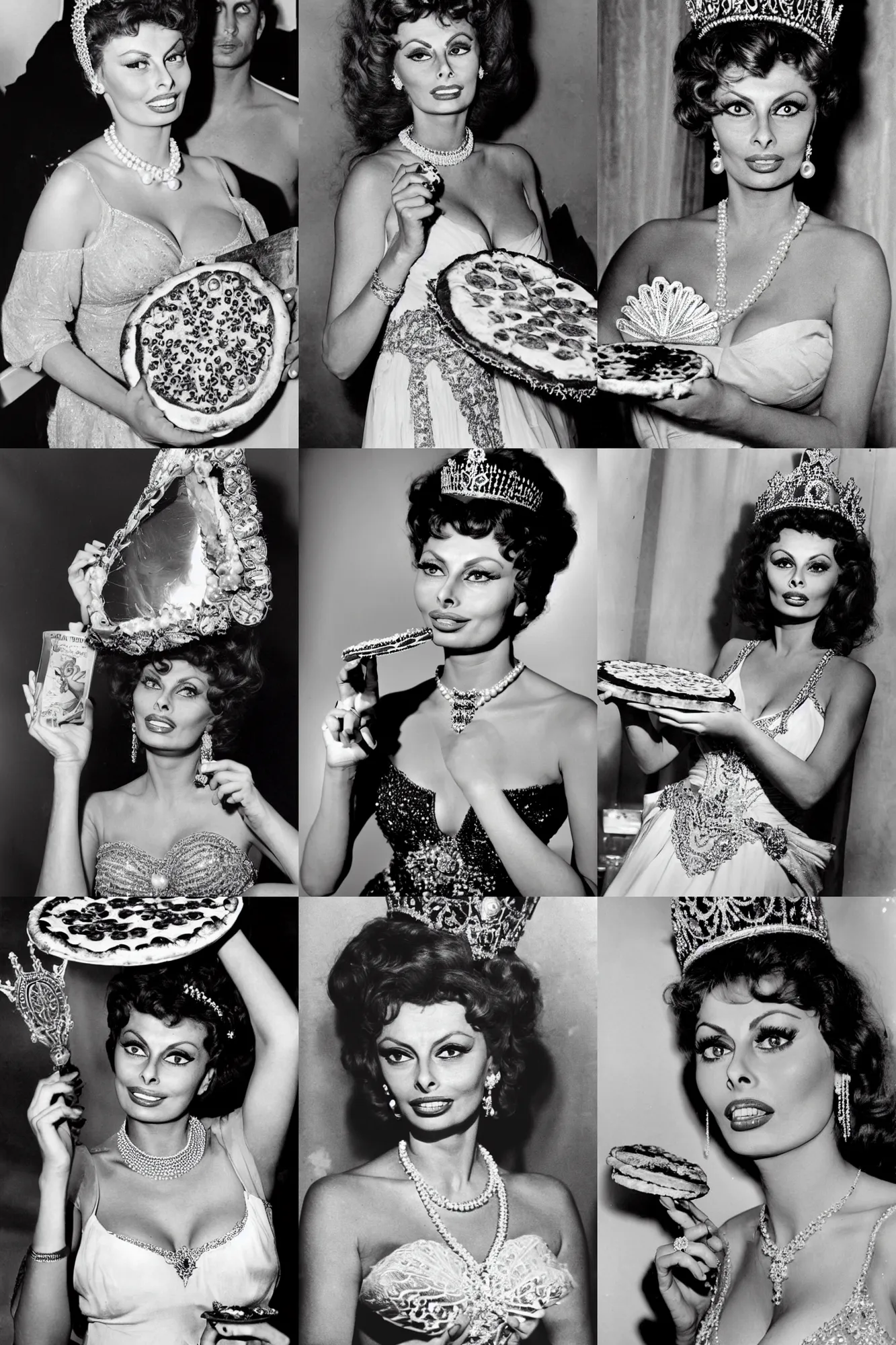 Prompt: a photo of young sophia loren, posing as a queen, wearing tiara, pearl necklace, intricate gown, holding up a pizza!!!! margherita!! to the camera, beautiful, stunning, smooth lighting, exquisit detail, masterpiece, burlesque photo by letizia battaglia