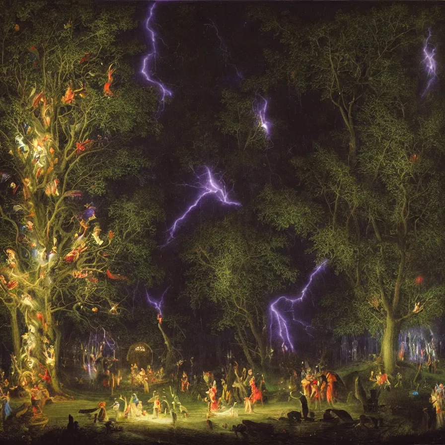 Image similar to a night carnival around a magical in a summer storm, tree cavity with a music scenario with many fireworks and christmas lights, next to a lake with iridiscent lake water, volumetric lightning, folklore people disguised with fantastic creatures in a magical forest by summer night, masterpiece painted by adam elsheimer, scene by dark night environment, refraction lights, five star stories