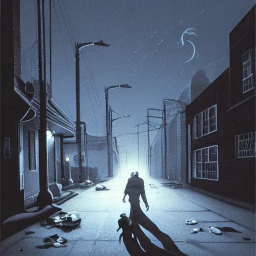 Prompt: creature chasing human down street at night by Michael Whelan, eerie, horror, scary, ominous, 8k, highly detailed