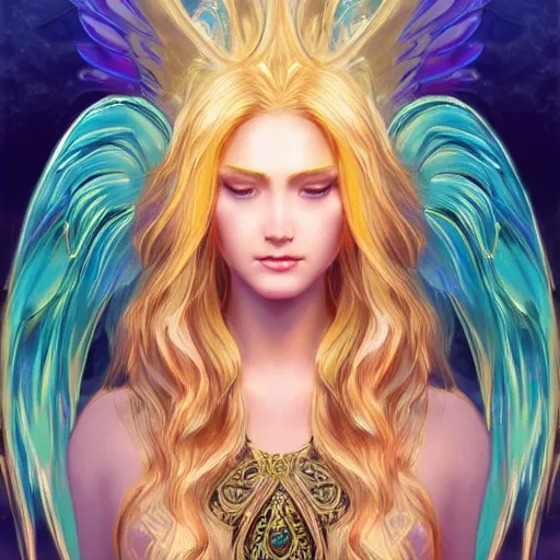 Image similar to Winged mermaid angel with blonde hair and glowing halo, iridescent, seraphim, fantasy, intricate, elegant, highly detailed, digital painting, artstation, concept art, smooth, sharp focus -ar 16:9