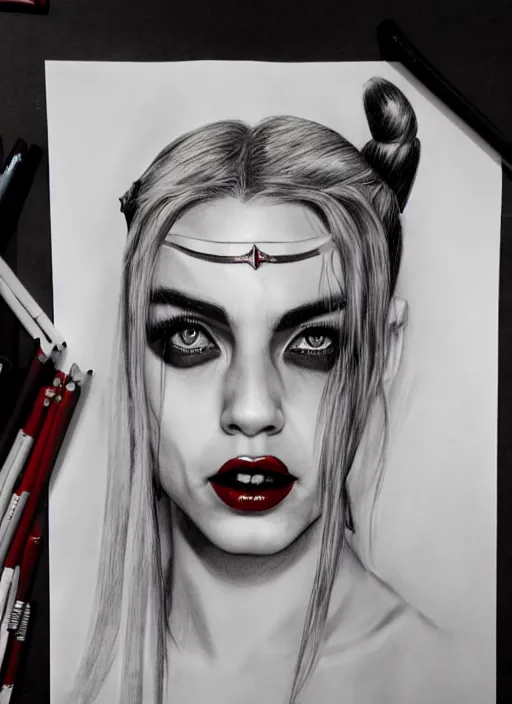 Prompt: a pencil drawing of harley quinn, hyper realistic, highly detailed