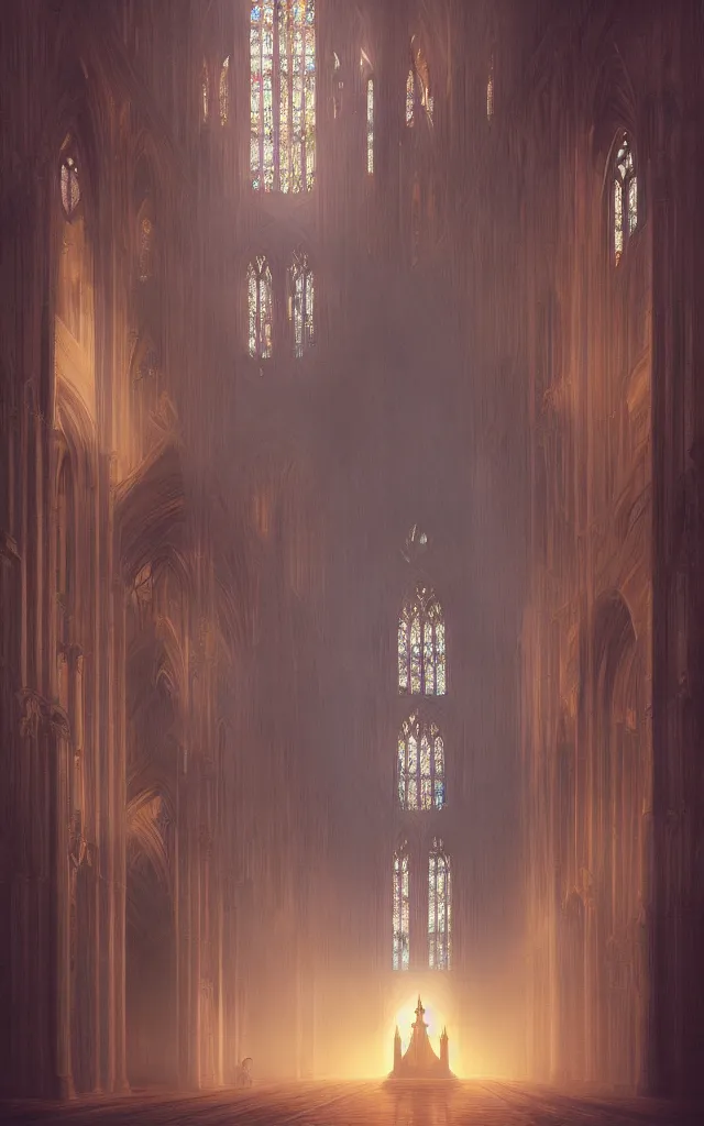 Prompt: cathedral!!!!!!!!!! interior!!! symmetrical god-rays, rays, sunlight, stained glass windows, artstation, atmospheric, epic scene, concept art, cinematic, digital, fantasy, gothic, tall, architecture, haze, smoke, octane, mood, monks!!!!!!!!! fire