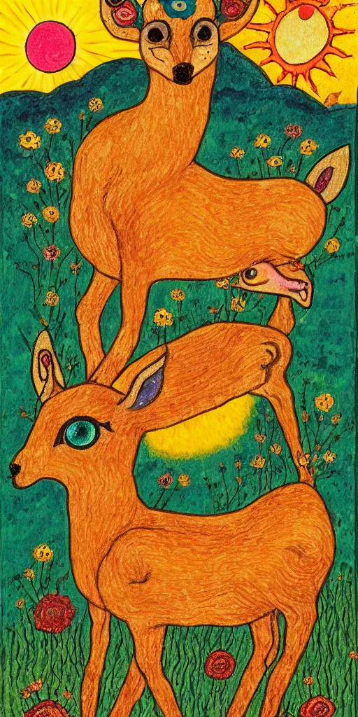 Prompt: tiny golden deer glowing eyes and sun ray mane holding lit matches and singing, children's book illustration, traditional folk art style, gouache on paper, outsider art, David Palladini, Mu Pan, Carson Ellis, Julia Sarda, tarot card, Henry Darger, Louis Wain