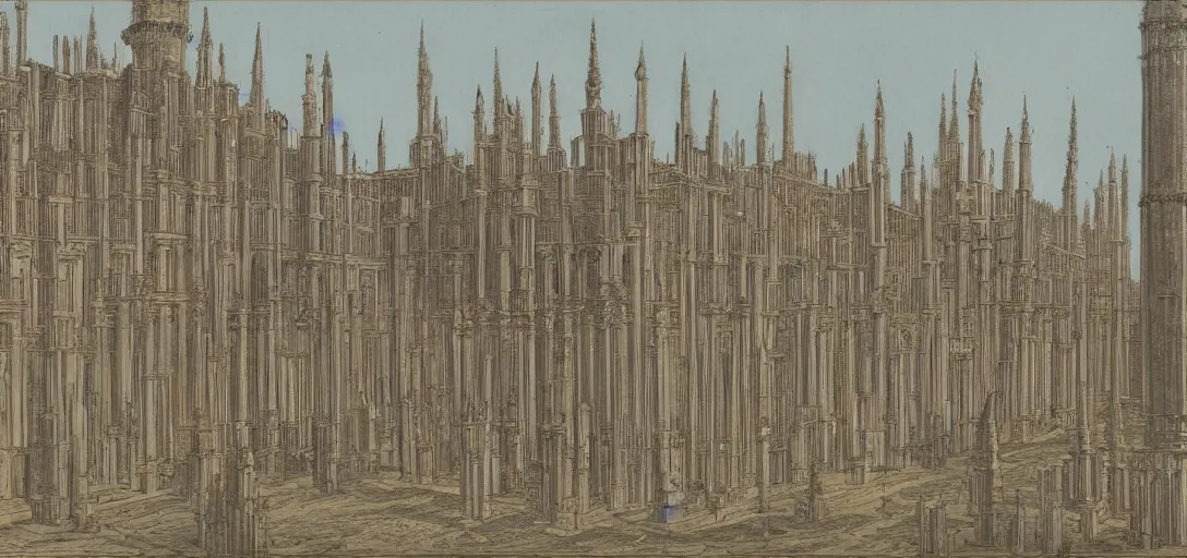 Image similar to A palace with a thousand long, thin spires. Morning. 4K. Many intrincate details.