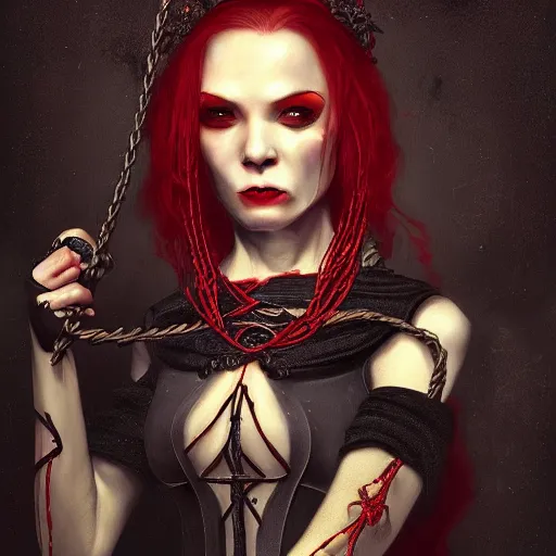 Prompt: tyler edlin, dark portrait, death ultra red head woman in medieval dress, strangled with rope, not face, victorian style, high detail