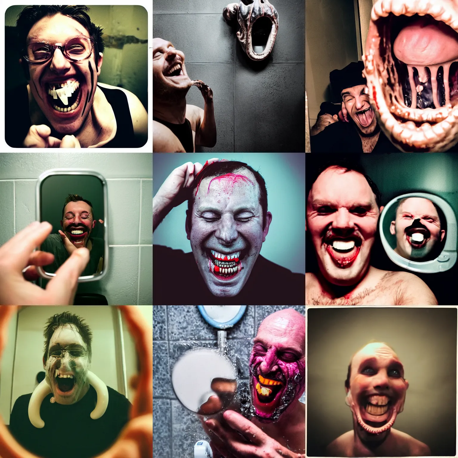 Prompt: tinder profile photo of a man with a melting face photographed by a cellphone pointed at a dirty bathroom mirror. An evil tentacled entity hides behind the man laughing.