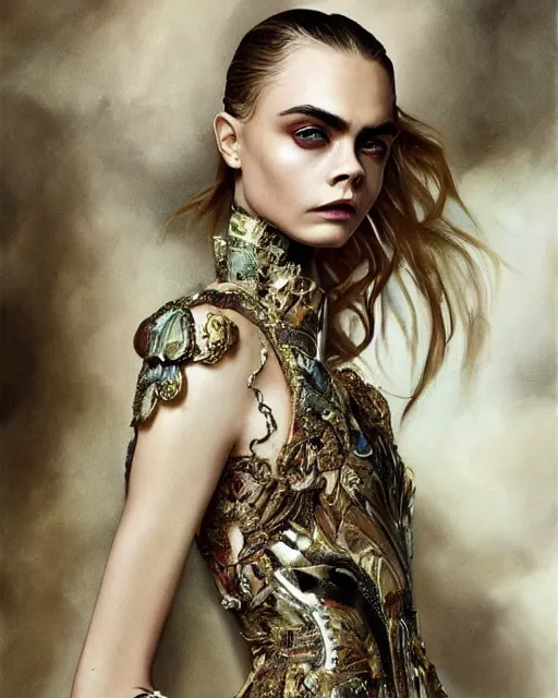 Image similar to cara delevingne wearing epic haute couture by Alexander McQueen, extremely beautiful and proportionate face, in the aesthetic of mert and marcus, masterpiece, intricate, elegant wardrobe, highly detailed, digital painting, artstation, concept art, smooth, sharp focus, illustration, art by artgerm and james jean and greg rutkowski and alphonse mucha