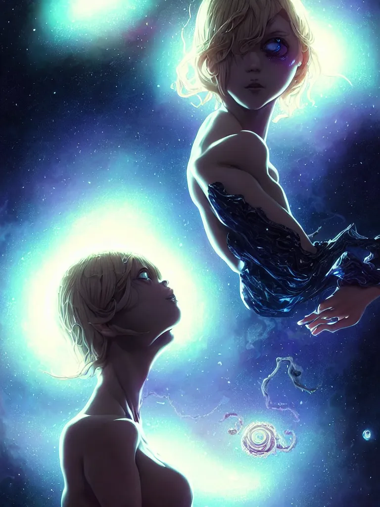 Prompt: azathoth girl, seductive pose, dress made of the milky way, full body, occlusion shadow, specular reflection, rim light, unreal engine, artgerm, artstation, art by hiroaki samura and ilya kuvshinov and ossdraws, intricate, highly detailed 8 k, cosmic horror illustration, extremely beautiful shape of face and body