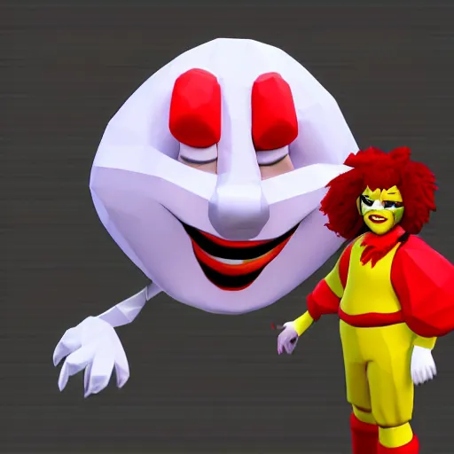 Image similar to image of ronald mcdonald, white face, red afro, red nose and yellow outfit as an enemy in spyro the dragon video game, with low poly playstation 1 graphics, upscaled to high resolution