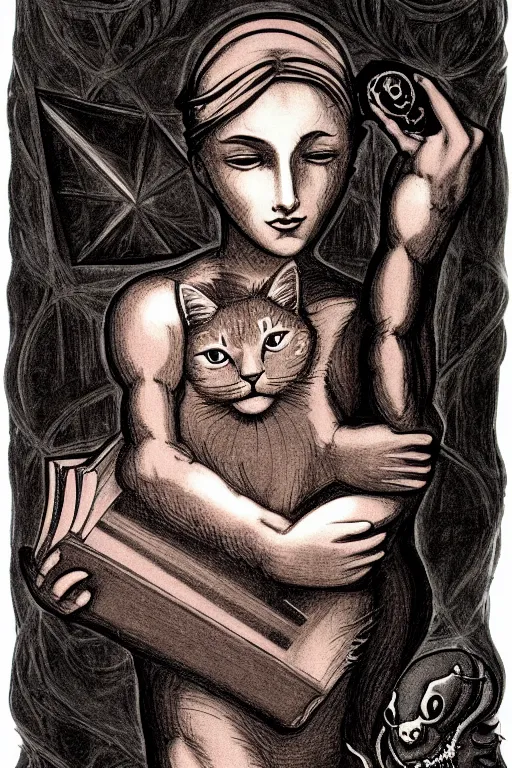 Image similar to michelangelo illustration of romantic girl, her cat and her book of necronomicon, symmetrical, cinematic, sharp focus, 4 k, ultra hd, sense of awe, sinister demonic atmosphere, dreadful, forbidden knowledge, old gods, cthulhu, yog - sothoth! yah, yah, yah! cultist journal cover