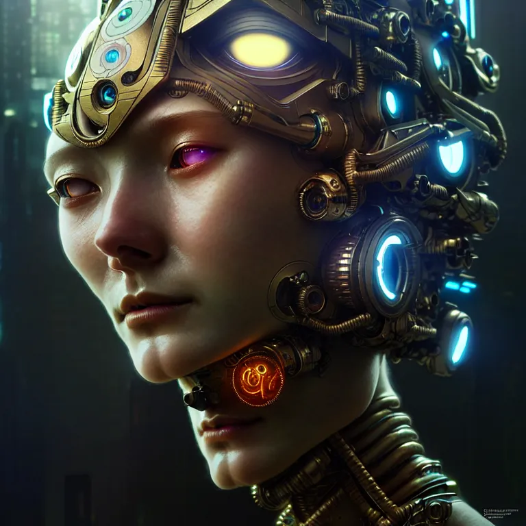 Image similar to ultra realistic beautiful cyborg deity eyes closed, scifi, cyberpunk, fantasy, intricate details, movie still, highly detailed, photorealistic, octane render, eerie, 8k, art by artgerm and alphonse mucha and greg rutkowski