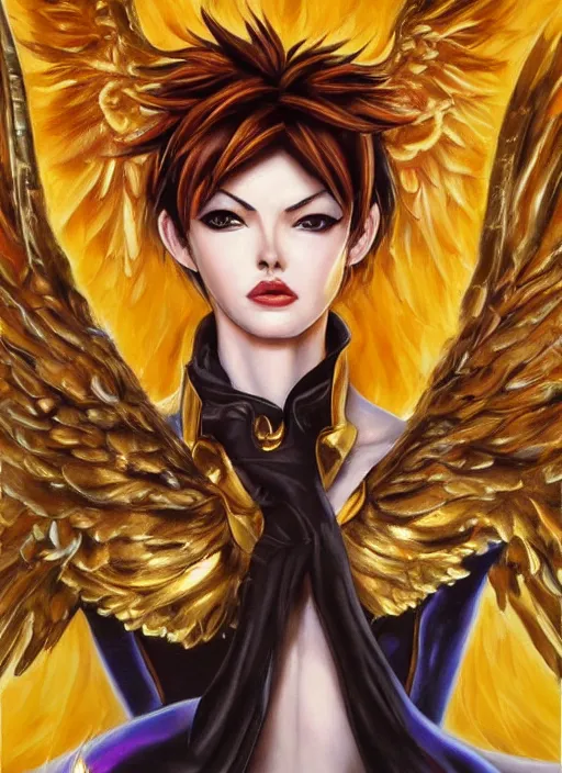 Prompt: full body oil painting of tracer overwatch in the style of julie bell, angel wings, dramatic painting, symmetrical composition, ornate, golden chains, silky garment, high detail, gold detailed collar!!!!!, blooming, angelic, lights, flowers, heavenly, bright, detailed face,