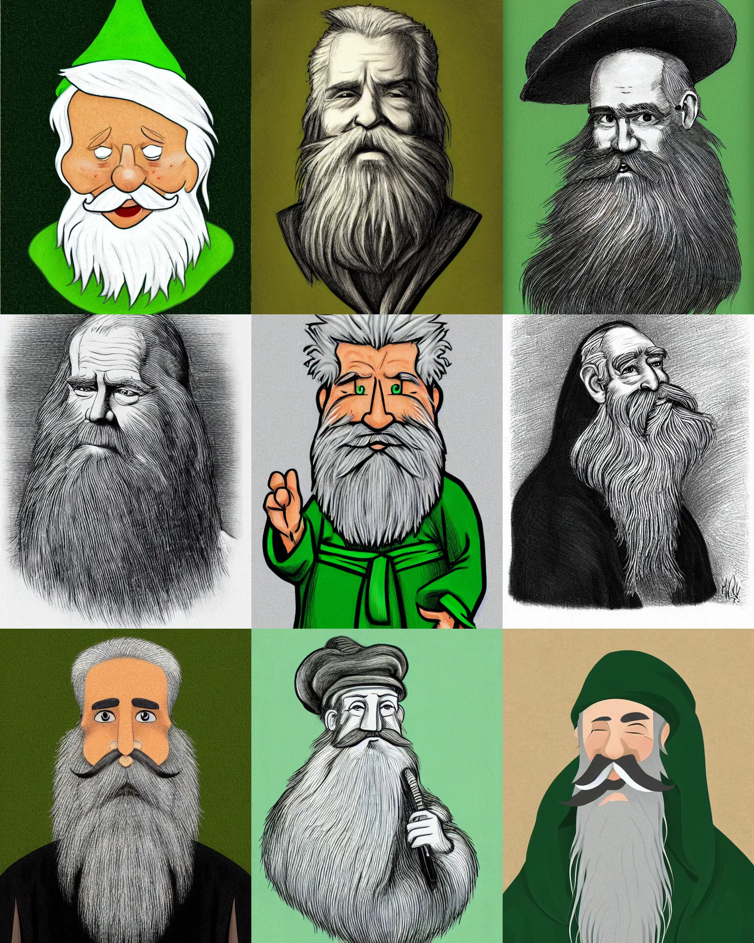 Prompt: horace croon old man white hair long beard, simple character drawing, green robe