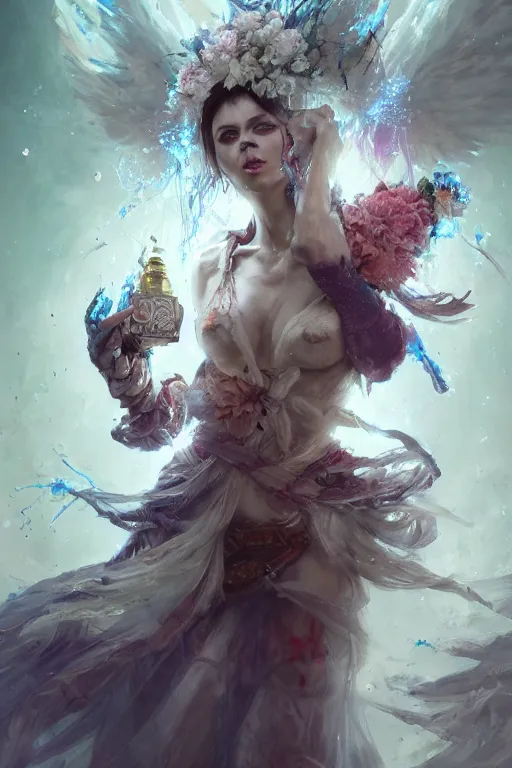 Prompt: beautiful girl necromancer, witch - doctor covered with ice exploding into flowers, angels, 3 d render, hyper - realistic detailed portrait, holding fire and electricity, ruan jia, wlop. scifi, fantasy, magic the gathering, hyper detailed, octane render, concept art, peter mohrbacher