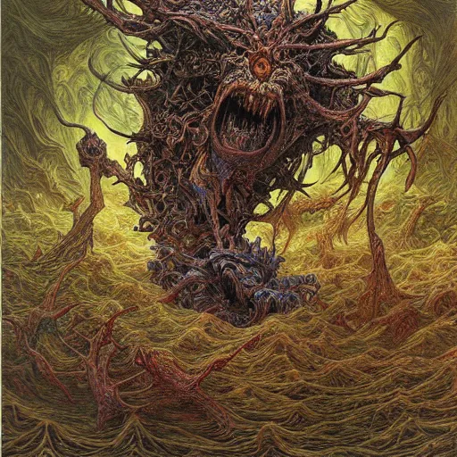 Prompt: madness creature, fluid, smooth, organic, crazy, bright, colours, tumours, high contrast, sharpness, dramatic, very detailed, intricate, by donato giancola and gustave dore and junji ito