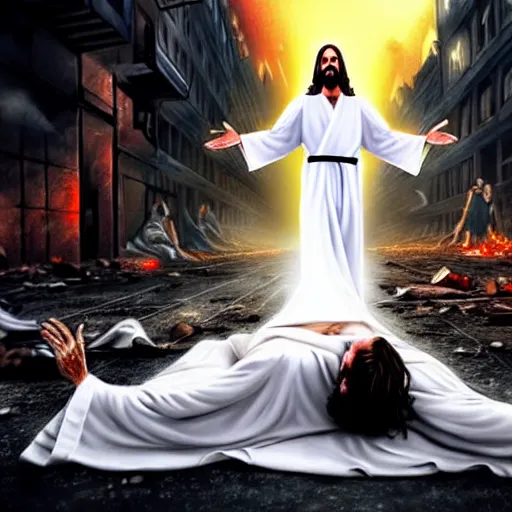 Prompt: jesus christ in a white robe strikes a dramatic dance pose on dead bodies in streets of an apocalyptic metropolis destroyed after war, fantasy art, dramatic lighting, insane details