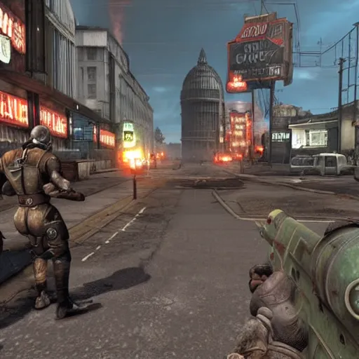 Prompt: promotional screenshot of fallout videogame set in london