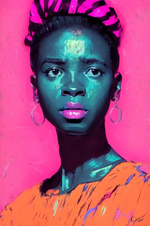 Prompt: portrait of a stylized african young lady, painted in acrylic, pigment textures, in the colors hot pink and cyan, beautiful realistic face, rule of thirds, spotlight, by greg rutkowski, by jeremy mann, by francoise nielly, by van gogh, by ross tran, in focus