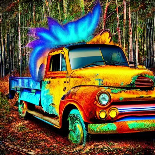 Prompt: A colorful phoenix full of color on top of a rusty truck, in an abandoned forest, photo realistic, digital art