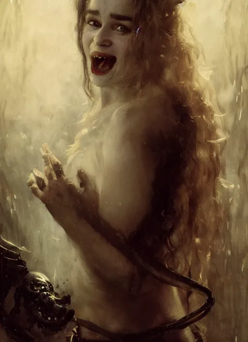 Prompt: smiling young emilia clarke vampire, mouth open, staring seductively, detailed by gaston bussiere, bayard wu, greg rutkowski, giger, maxim verehin, greg rutkowski, masterpiece, sharp focus, cinematic lightning
