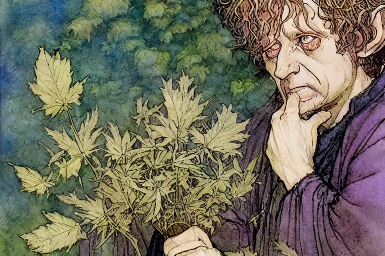 Image similar to a realistic and atmospheric watercolour fantasy character concept art portrait of bilbo baggins with pink eyes freaking out with a pot leaf nearby, by rebecca guay, michael kaluta, charles vess and jean moebius giraud