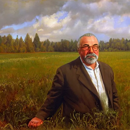 Image similar to Gary Gygax in earflaps stands in the middle of the field, Rye (Shishkin), painting by Ivan Shishkin, Ernest Gary Gygax face, photo by Gary Gygax, painting by Valentin Serov, oil painting