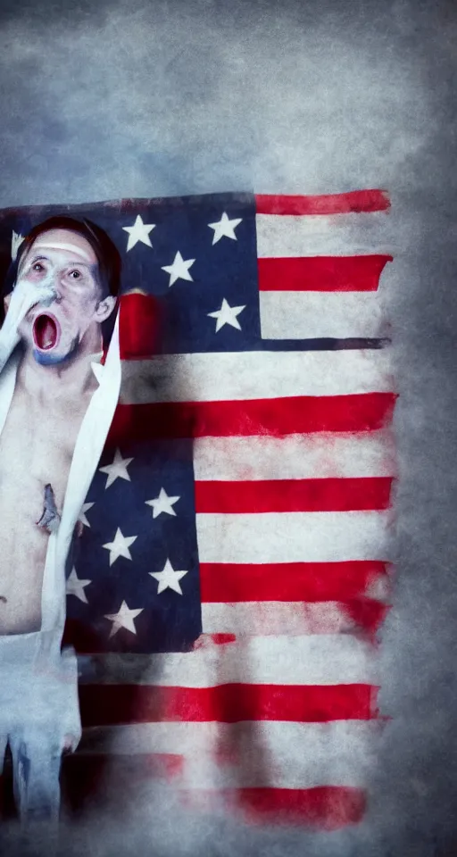 Image similar to ghost emerging from a politician, american flag, jesus christ crying in the background, lomo