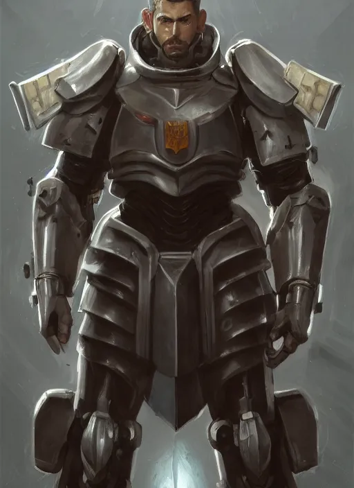 Image similar to medium-length portrait of a male paladin with short curly hair and a dark beard, dark brown skin, happy expression, wears a suit of power armor, gundam, buster sword, medieval setting, highly detailed, digital painting, artstation, concept art, sharp focus, illustration, art by greg rutkowski and alphonse mucha