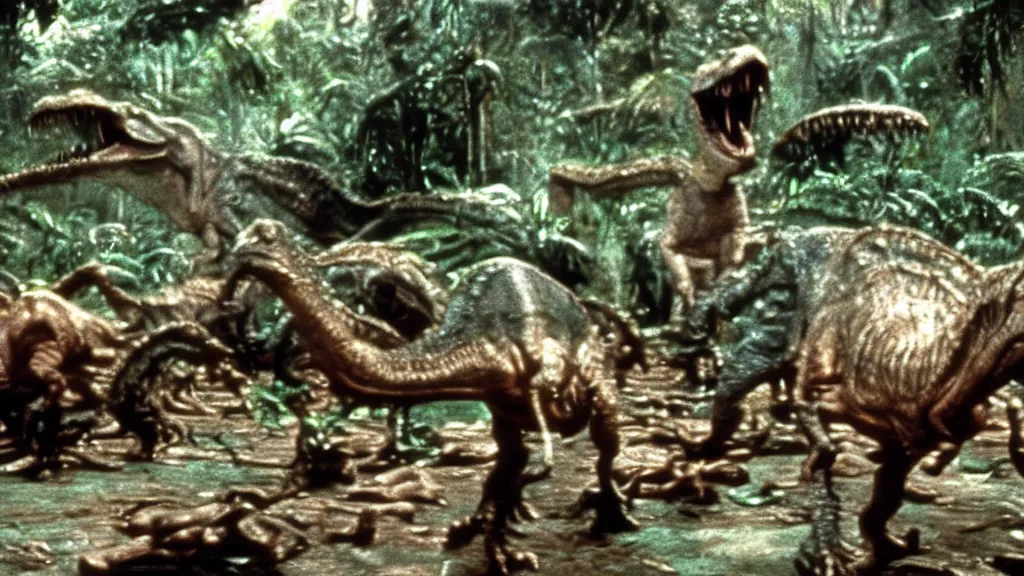 Prompt: Jurassic Park film screenshot directed by Stanley Kubrick.