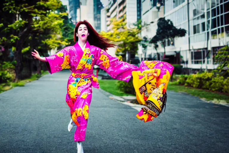 Image similar to photo, young woman running from monster, high heels, colorful kimono
