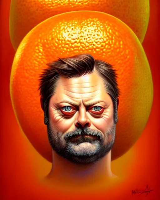 Prompt: detailed portrait of nick offerman as an oranges! ( citrus fruit ) by tomasz alen kopera and peter mohrbacher and johanna martine! and margaret keane! coherent luminescent