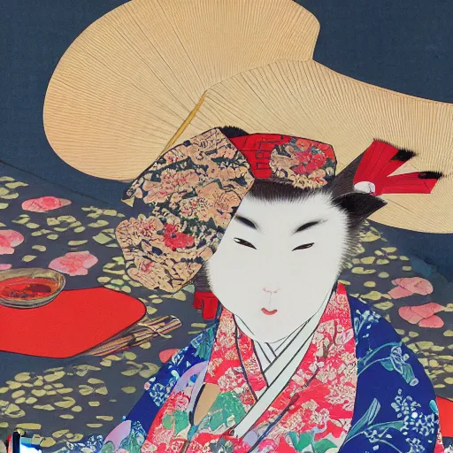 Image similar to Fox woman wearing a kimono, sitting outside in the early morning drinking tea, Japanese style painting, high detail
