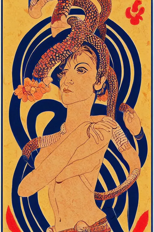 Prompt: Minoan snake goddess in the style of rosie the riviter yes we can poster, clean and detailed, and holding a snake